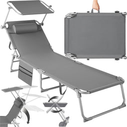 tectake® Ligbed Chloé - Ligstoel - 4 standen - Inklapbaar - Grijs - 68 x 190 x 28 cm - Met Zijvak