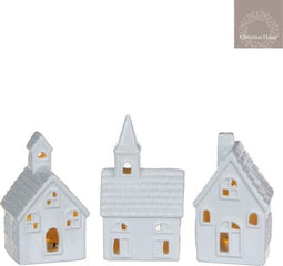 Christmas House - Kerstdecoratie - Porseleinen huisjes met LED verlichting - Wit (3 stuks)