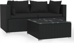 vidaXL - 3-delige - Loungeset - met - kussens - poly - rattan - zwart