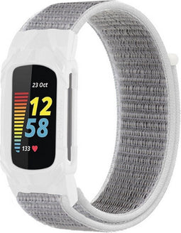 Nylon Loop Bandje Met Case Geschikt Voor Fitbit Charge 5 - One Size - Grijs