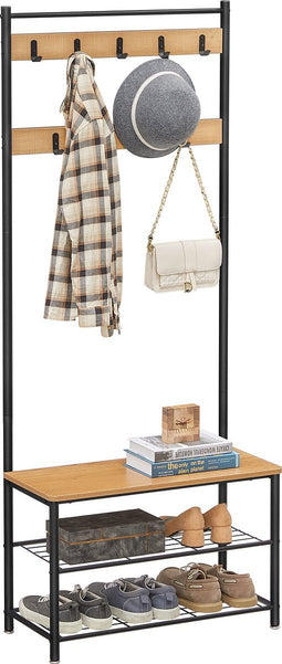 O'DADDY® kapstok staand – kapstokken - kapstok met schoenenrek – kapstok mango - garderoberek - kledingstandaard - garderoberek met kapstok - garderoberek met schoenenrek - 9 haken 2 laags schoenenrek 6 paar - garderoberek - 70 x 32 x 175 cm