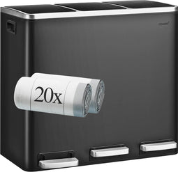 O'DADDY® Prullenbak 3 vakken - Afvalemmer – Trio Bin – 54L – Softclose – 3 Binnenemmers – Inclusief 20 Afvalzakken - Afvalbak - Pedaalemmer - Prullenmand - Vuilnisbak - Prullenbakken - Afvalscheiding Vuilbak – Elegant Zwart