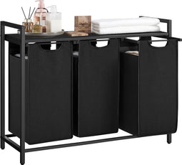 O'DADDY® Wasmand 3 vakken – wassorteerder - uitschuifbaar met plank - 92.5 x 33 x 71 cm – wasmand - 114L verdeeld over 3 zakken – wasmanden – wasmand zwart metaal - dark grey