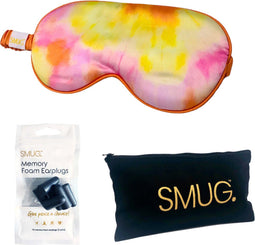 SMUG Slaapmasker met Zwarte Oordopjes en Opbergzakje - 100% Verduisterend - Verstelbaar Oogmasker in Satijn - Orange Tye Dye
