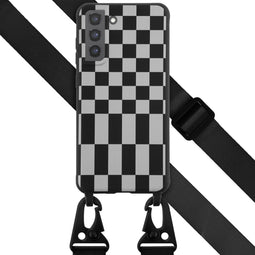 Selencia Hoesje Met Koord Geschikt voor Samsung Galaxy S21 FE - Selencia Siliconen design hoesje met afneembaar koord - Zwart / Irregular Check Black