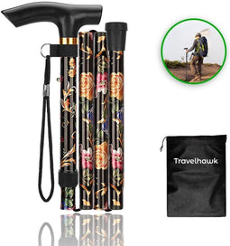 Travelhawk Wandelstok - Verstelbaar - Opvouwbaar - Zwart bloemen - Incl. Opbergtas