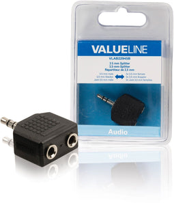 ValueLine VLAB22945B - Splitter 3,5 mm - 2x 3,5 mm naar 1x 3,5 mm - Zwart