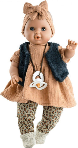 Paola Reina Sonia donker met mechanisme babypop meisje met kledij 36cm