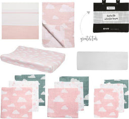 Meyco - Basis items pakket - Wiegdeken en aankleedkussenhoes - Roze/wit (1 pack)
