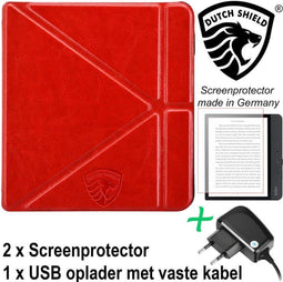 Origami Sleepcover Geschikt voor Kobo Libra H2O Hoes Rood + Screenprotector + Oplader * - ereader hoesje - cover