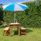 AXI Dennis Zand & Water Picknicktafel met Speelkeuken, Wastafel en losse bankjes in Bruin - Met Parasol in Blauw/Wit - Incl. 17-delige accessoire-set