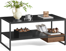 O'DADDY® Salontafel - Verstelbare Lade - Opbergruimte - 100x55x45 cm - Zwart Metaal/Bruin Hout