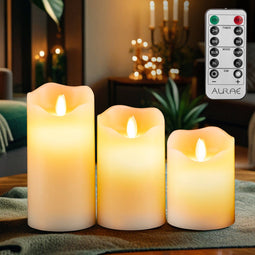 Aurae Led Kaarsen - Led-Kaarsen met Bewegende Vlam en Afstandsbediening - 3 stuks - Echte Wax - Ivoor (3 stuks)