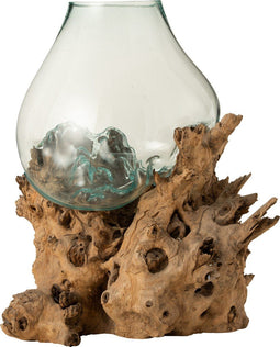 J-Line vaas op voet Gamal - hout/glas - naturel - transparant - extra large - 78.5 cm hoog