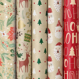 Kraft Spirit luxe kerstpapier inpakpapier - 5 rollen - 150 x 70 cm - Multikleur (5 stuks)