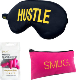 SMUG Slaapmasker met Roze Oordopjes en Opbergzakje - 100% Verduisterend - Verstelbaar Oogmasker in Satijn - Hustle Print