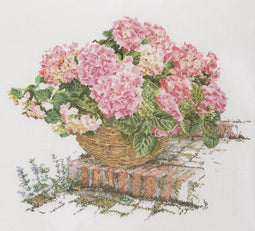 Thea Gouverneur - Borduurpakket met telpatroon - 2047 - Voorgesorteerde DMC Garens - Roze Hortensia - Linnen - 44 cm x 39 cm - DIY Kit