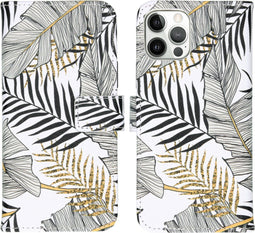 iMoshion Hoesje Geschikt voor iPhone 12 Pro / 12 Hoesje Met Pasjeshouder - iMoshion Design Softcase Bookcase - Wit / Zwart / Goud / Glamour Botanic