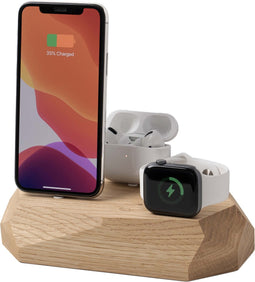 Oakywood Triple Dock - Massief Eikenhout - compatible met Apple iPhone, Apple AirPods en Apple Watch (Lightning)