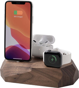 Oakywood Triple Dock - Massief Walnoot - compatible met Apple iPhone, Apple AirPods en Apple Watch (Lightning)