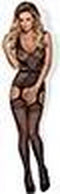 Obsessive – Body Stocking met Fijne Visnet Patroon en Faux Riem met Aangehechte Kousen – Maat XL-XXL - Zwart