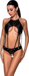 Obsessive – Body Stocking met Fijne Visnet Patroon en Faux Riem met Aangehechte Kousen – Maat XL-XXL - Zwart