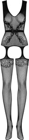 Obsessive – Body Stocking met Fijne Visnet Patroon en Faux Riem met Aangehechte Kousen – Maat XL-XXL - Zwart
