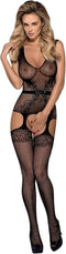 Obsessive – Body Stocking met Fijne Visnet Patroon en Faux Riem met Aangehechte Kousen – Maat XL-XXL - Zwart