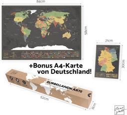 Kras wereldkaart (Duits) + A4 kraskaart uit Duitsland (zwart 84 x 58 cm)
