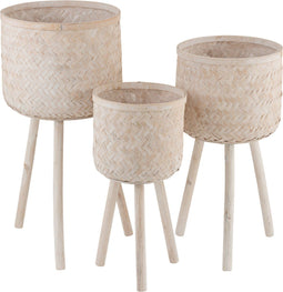 J-Line bloempothouders 3 Poten - bamboe/kunststof - naturel - 3 stuks - Ø 37 cm