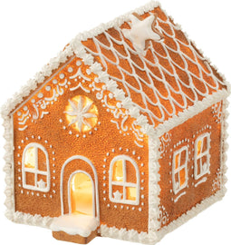 J-Line decoratie Huis Peperkoek Vierkant Ster - polyresin - bruin - medium - LED lichtjes