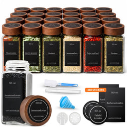 Five Stars® 24-delige Glazen Kruidenpotjes Set - Luchtdicht Acacia Deksels - Inclusief Stickers en Accessoires