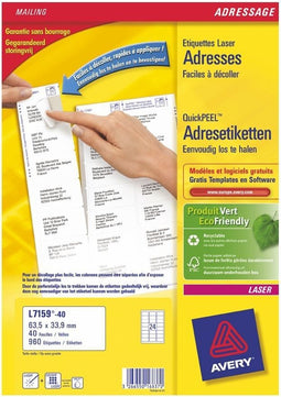 Avery L7159-40 - Adresetiketten - JamFree en QuickPeel - Wit (40 stuks)