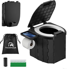 Travelhawk Camping Toilet - Toiletemmer - Draagbaar Opvouwbaar - Zwart - 12 biologisch afbreekbare zakken