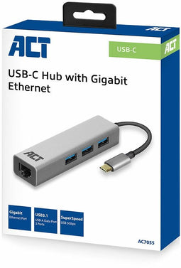 ACT AC7055 - 3-Poorts USB-C Hub - 3x USB-A en Gigabit Ethernet - Aluminium
