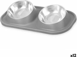 Dierenvoederbak Grijs Metaal 40 x 8,5 x 22 cm Dubbel (12 Stuks)