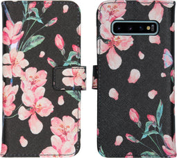 iMoshion Hoesje Geschikt voor Samsung Galaxy S10 Hoesje Met Pasjeshouder - iMoshion Design Softcase Bookcase - Zwart / Roze / Blossom Watercolor Black