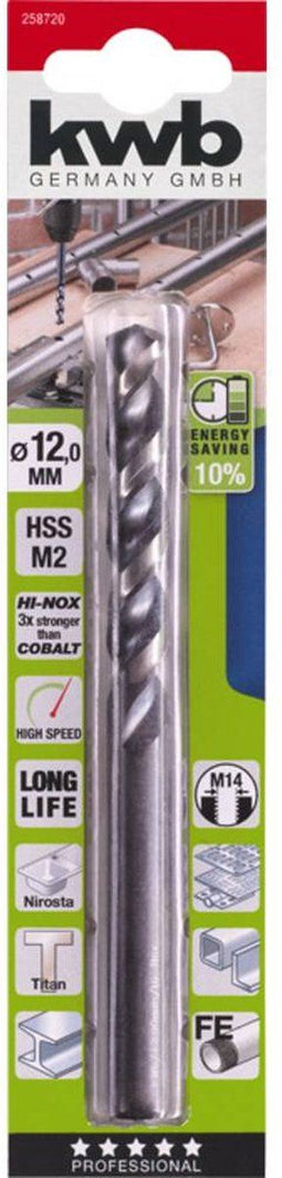 Kwb 258720 - Metaal-spiraalboor 12 mm - HSS M2 met Quick Cut-geometrie - zwart/blank
