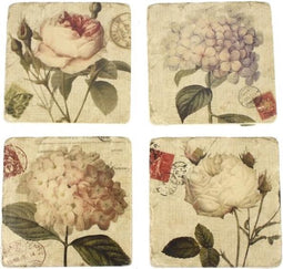 Onderzetters - Set van 4 - Rozen en Hortensia's - 10 x 10 x 1 cm - Polystone/Kurk