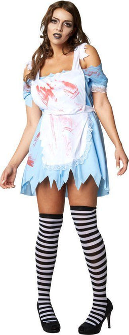 Dressforfun Zombie Alice S - Dameskostuum - Korte jurk met franjes en bloedvlekken - Inclusief gestreepte kniekousen