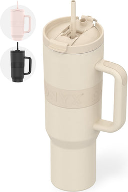 ONYX Drinkfles met Rietje 1.2 Liter - Waterfles voor Kinderen & Volwassenen - Thermosbeker RVS Travel Mug - Motiverende Drinkbus - Drinkbeker voor School - Beige