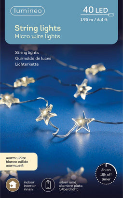 Micro LED string met sterren - 195 cm - 40 LEDs - zilverkleurig