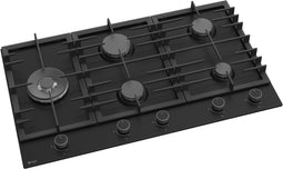 Wiggo WH-G935RR(B) - Inbouw Gaskookplaat - Wokbrander 90 cm - 5 Kookzones - Zwart Geëmailleerd