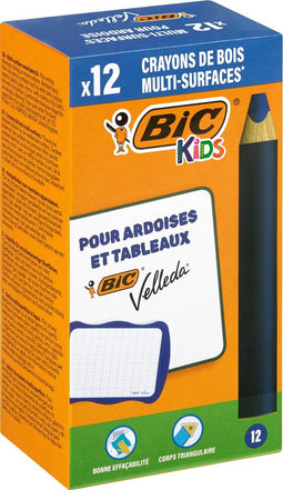 BIC Kids Multisurface Kleurpotloden voor Velleda wisbordjes of whiteboards - Driehoekige vorm - Uitwisbaar - Schrijfkleur blauw - Set van 12 potloden