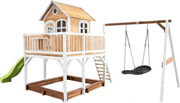 AXI Liam Speelhuis in Bruin/Wit - Met Verdieping, Zandbak, Roxy Nestschommel en Limoen Groene Glijbaan - Speelhuisje voor de tuin / buiten - FSC hout - Speeltoestel voor kinderen
