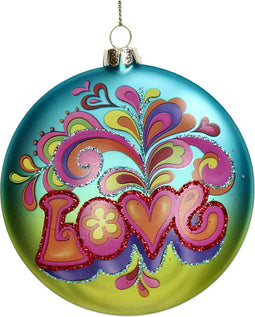 Ornament kerstbal Disc Love Glas Blauw 10.8 cm