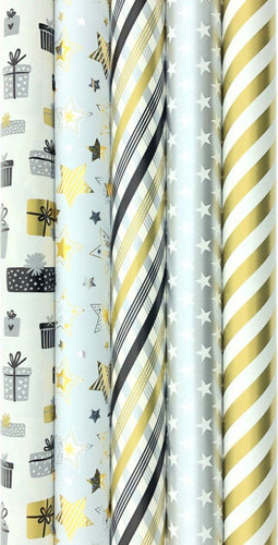 TOUCH OF GOLD - Cadeaupapier - Kerstpapier met sterren - 3 meter x 70 cm - 5 rollen