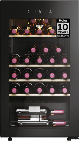 Haier HWS34GGH1 - Wijnkoelkast - 34 flessen - Anti-UV glas - Houten schappen - Zwart