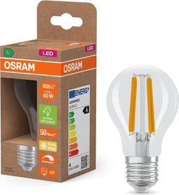 OSRAM Energy Class LED-lamp in klassieke gloeilampvorm, 3,8 W / 806 lm, EEK A, warm wit licht (2700 K), CRI 80, gemaakt van helder gekleurd loodvrij glas, E27 fitting, IP20, 60 mm diameter, dimbaar .