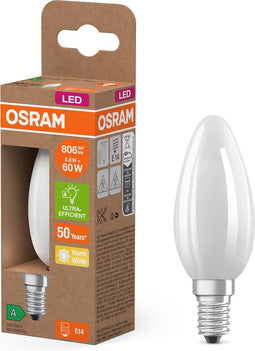 OSRAM Energy Class LED-lamp in klassieke mini-kaarsvorm, 3,8 W / 806 lm, EEK A, warm wit licht (2700 K), CRI 80, gemaakt van mat loodvrij glas, E14 voet, IP20, 35 mm diameter.